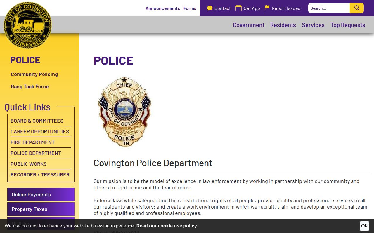 Tipton County Covington police arrest-record contact page