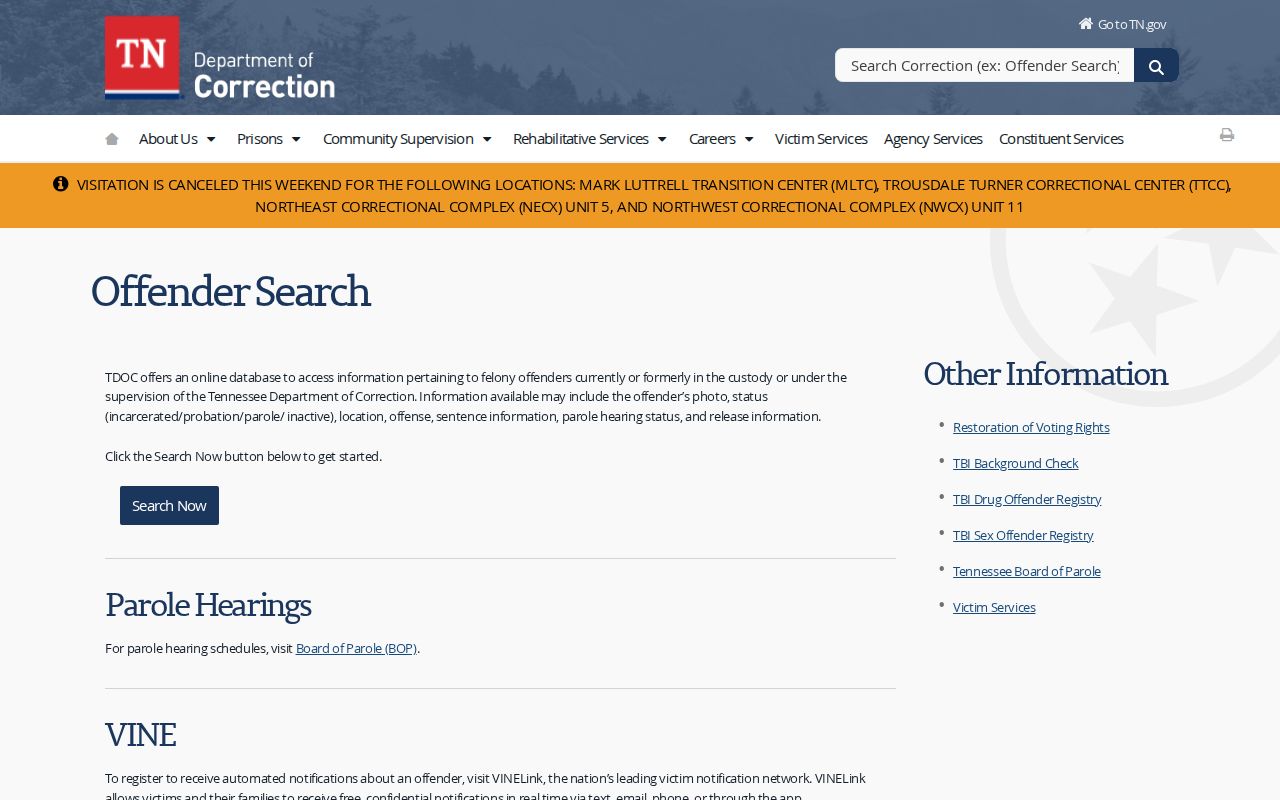Tipton County state offender record route through Tennessee Department of Correction FOIL