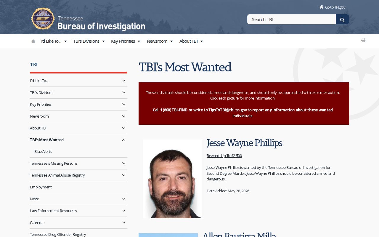 TBI statewide most wanted resource relevant to Tipton County warrant checks