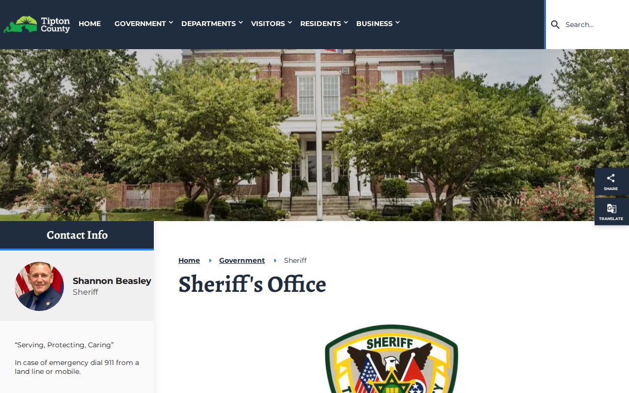 Tipton County Jail custody and booking contact on the official sheriff page